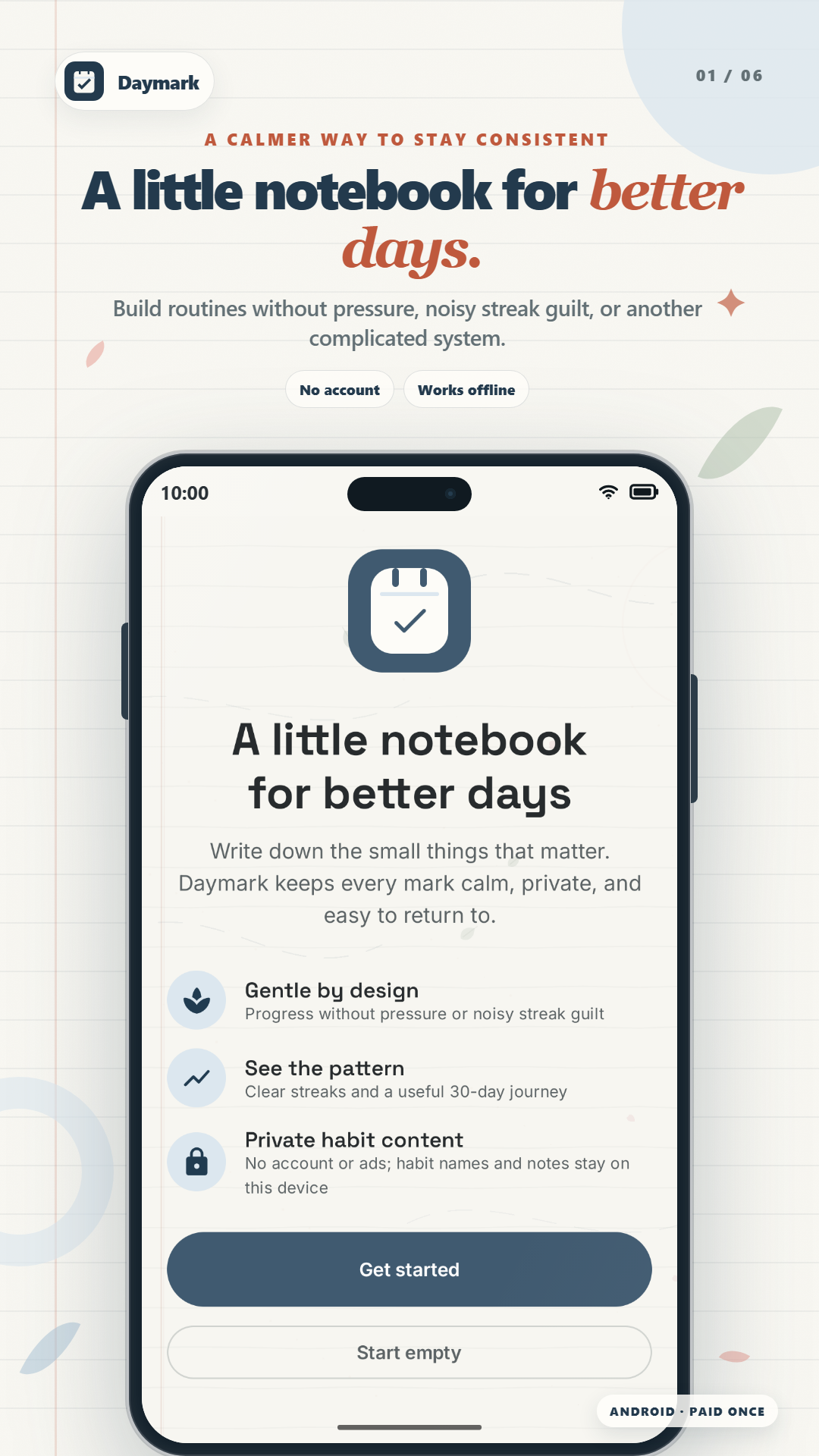 Daymark app in a phone showing a calm daily habit dashboard