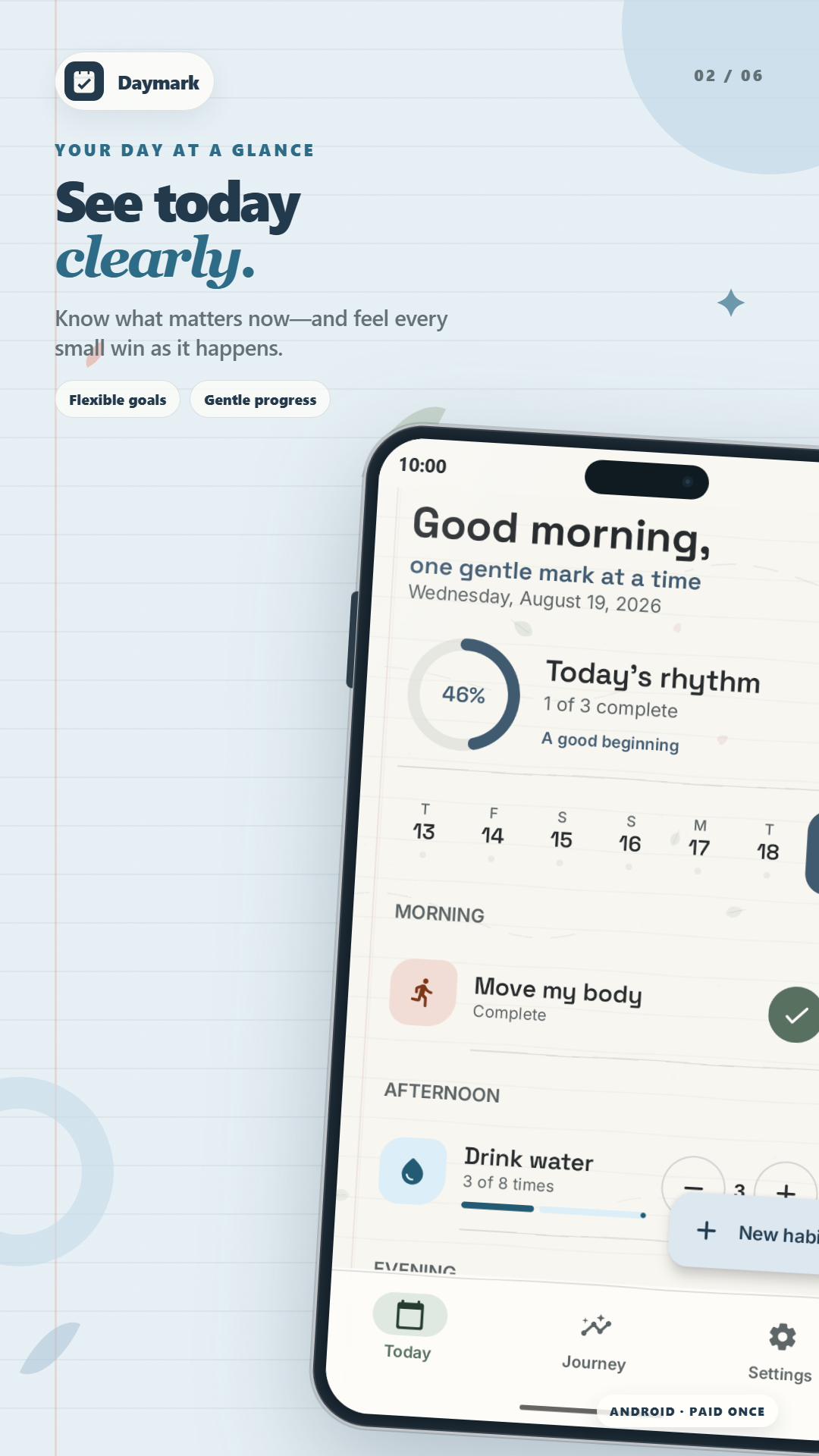 Daymark Today screen with flexible goals and daily progress
