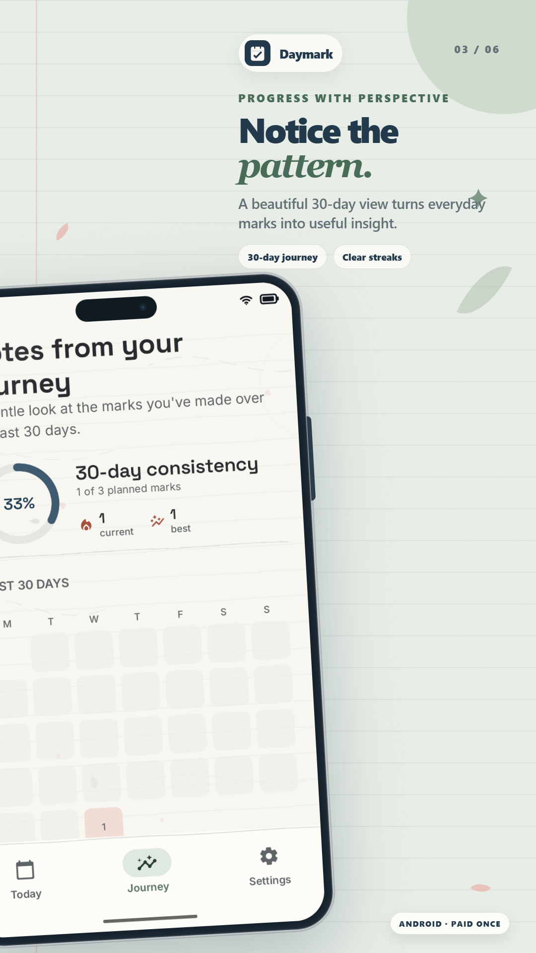 Daymark Journey screen with a 30-day habit pattern
