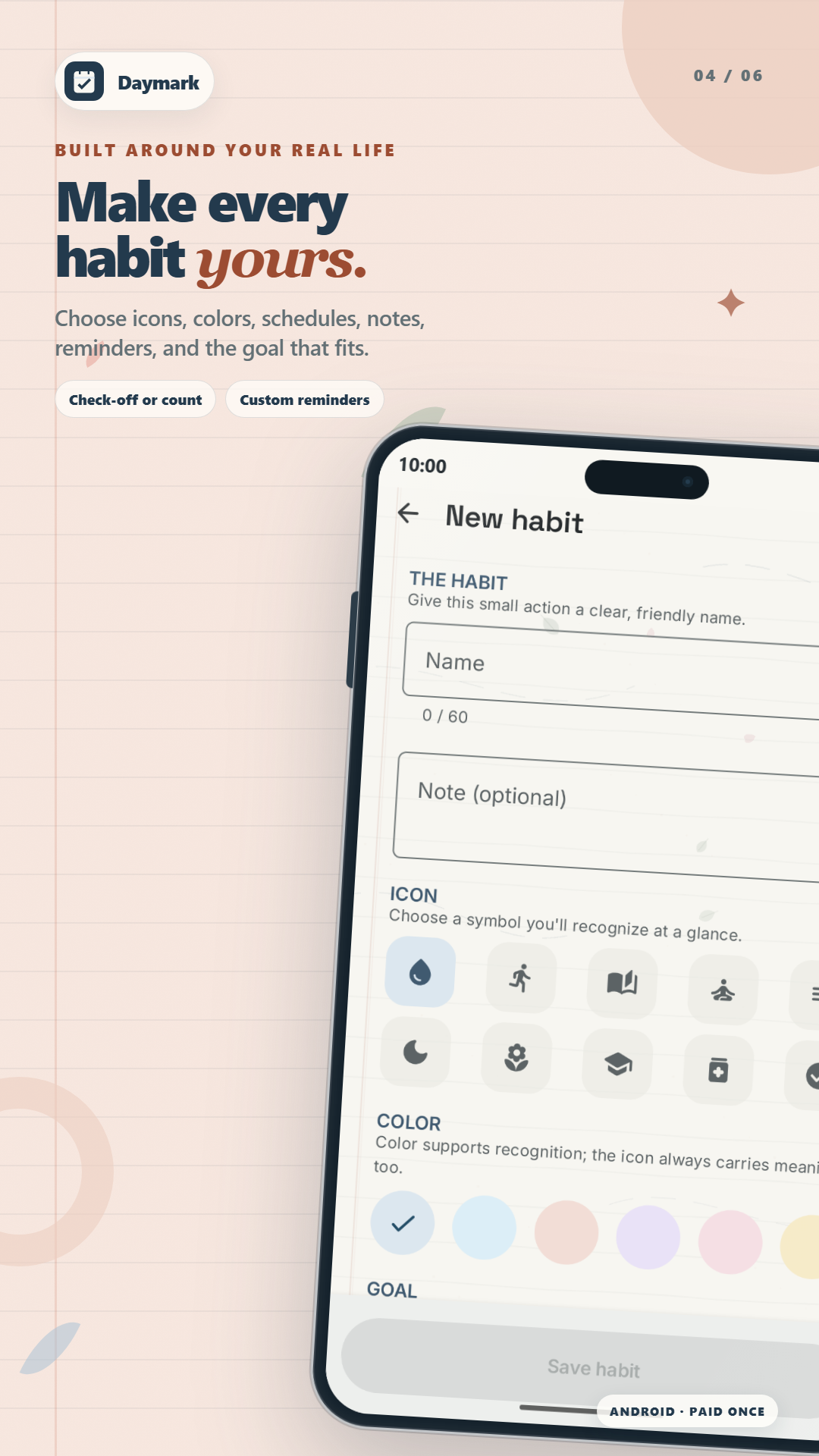 Daymark habit editor with custom colors, icons, schedules, and reminders