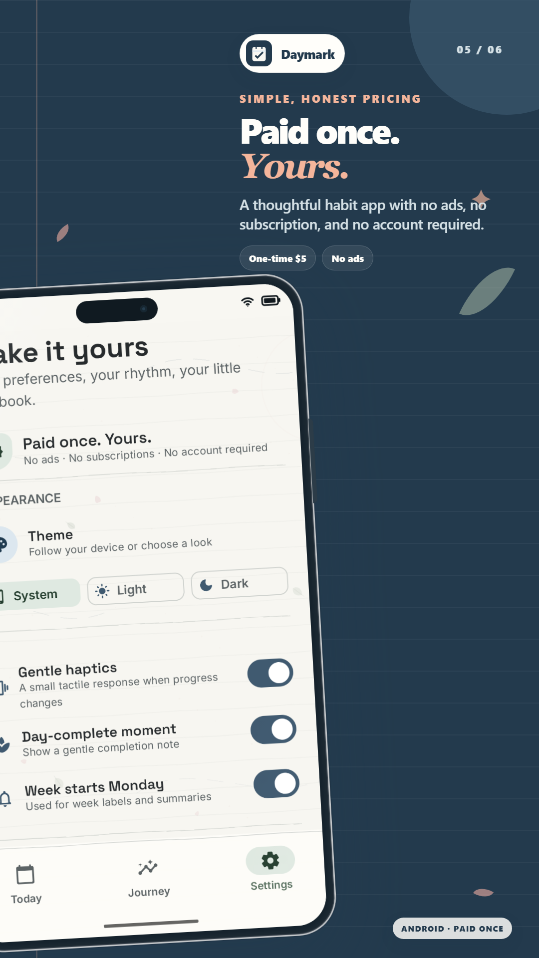 Daymark settings showing its one-time five dollar price and no ads promise