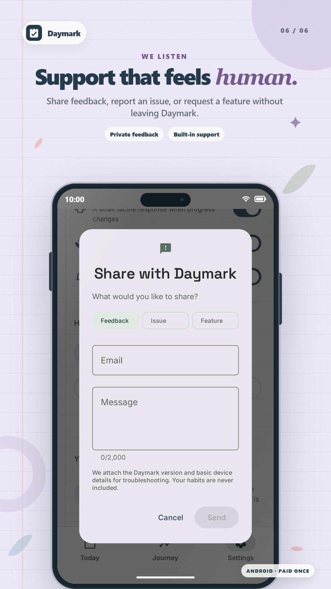 Daymark in-app feedback form for support and feature requests