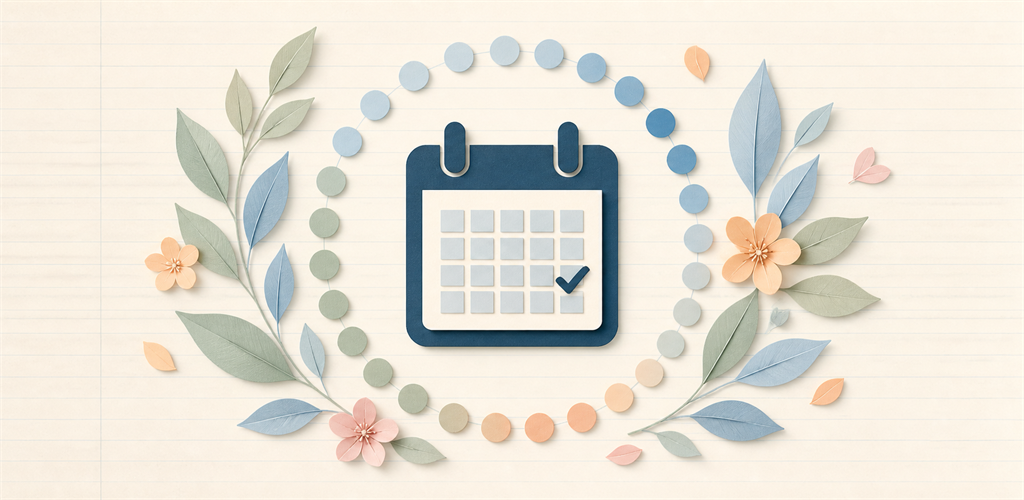 Paper calendar with a completed habit mark surrounded by a 30-day progress ring and botanical paper art